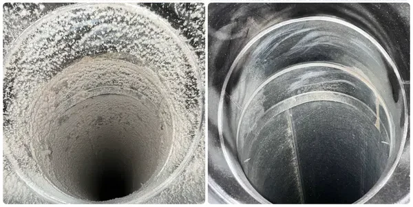 Before and after showing dirty air duct vs cleaned air duct