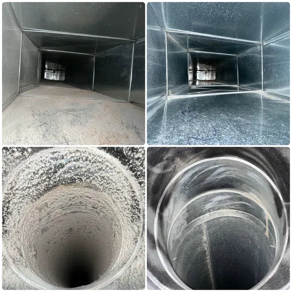 Two cleaned ducts, two dirty ducts, showing before and after
