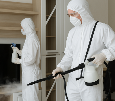 Our team sanitizing a home with professional tools