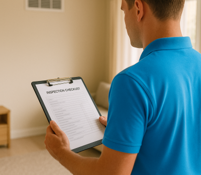 Our estimation team in a home with our inspection checklist on a clipboard